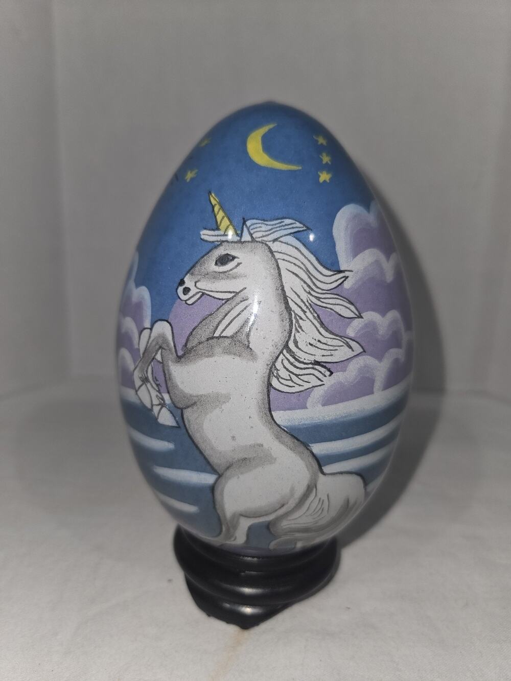 Vintage 5'' Hand Blown Hand Painted Glass Unicorn Egg on Wooden Stand